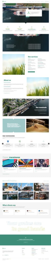 A website homepage for a port services company, with modern web design and sections on services, company information, certifications, photo galleries, customer logos and contact details, with pictures of terminals, ships and industrial areas.