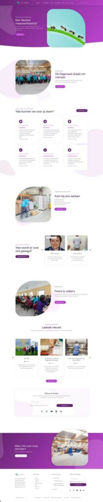 A Dutch website page with a purple theme, highlighting studio 84's services, team photos, news and contact details. It includes web design elements such as images of people, maps with icons, text headings and a navigation menu at the top and bottom.