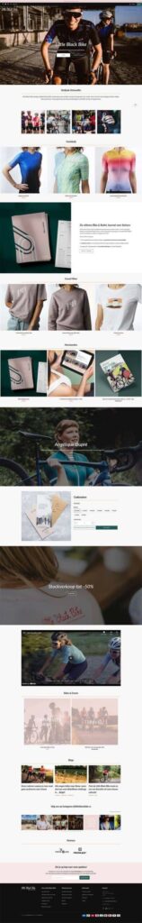 A home page for cycling clothing by Studio 84 with cyclists, product images, AI automation for personalised recommendations, descriptions, reviews, photo galleries, a blog section and clean navigation in a clean, modern layout.