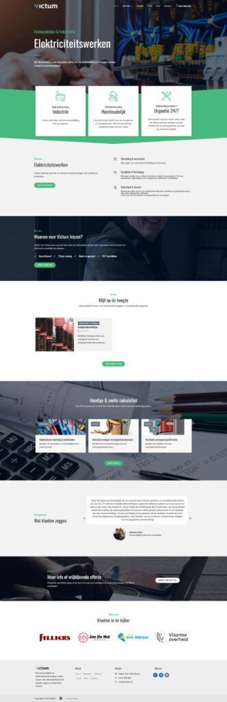 A website homepage in Dutch for Victum with web design by Studio 84, electrical services, benefit highlights, testimonials, contact form, partner logos and photos of electricians at work. Design in green, white and blue tones.