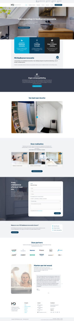 Screenshot of Studio 84's bathroom renovation company website, featuring a blue and white web design with service descriptions, renovated bathroom photos, partner logos, a contact form and customer testimonials.
